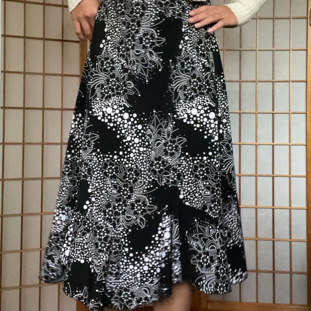 Whimsygoth Black and White Floral and Polka Dot Midi Skirt Fairy Hem Stretchy
